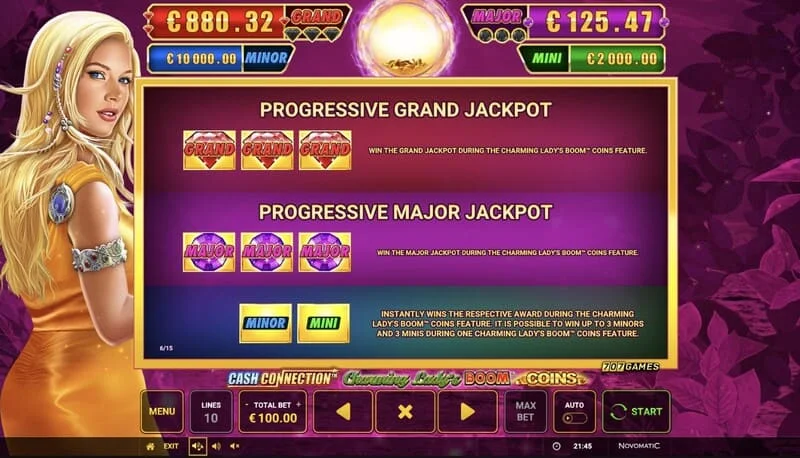 Cash Connection - Charming Lady's Boom Coins - tabel cu Jackpot-urile Mini, Minor, Major și Grand